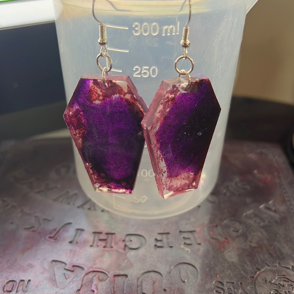 Purple resin coffin earrings